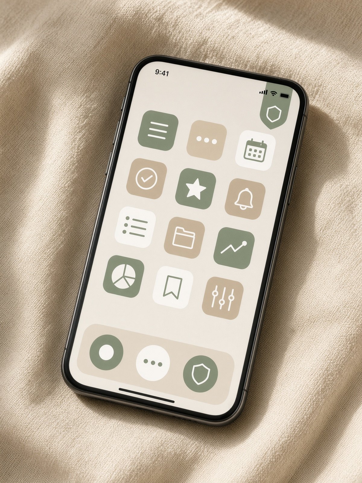 Layar ponsel dengan aplikasi yang tertata dan perisai kecil.