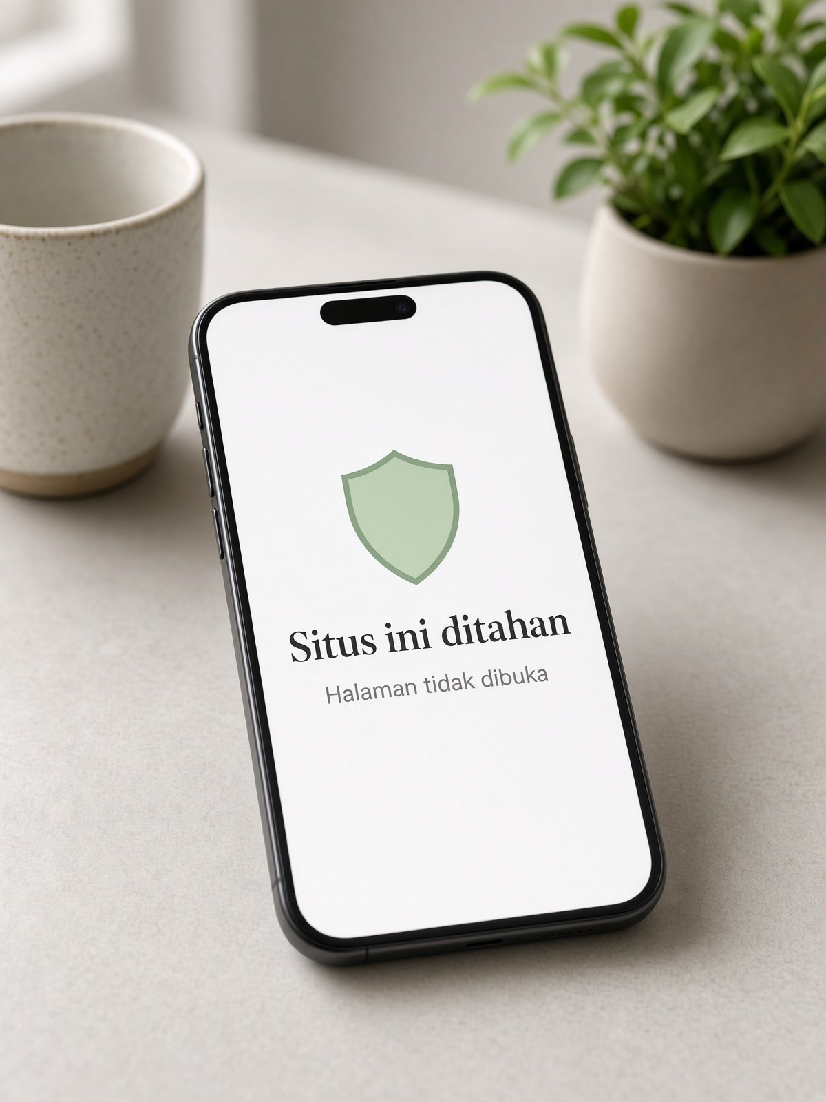 Layar ponsel menampilkan halaman situs yang ditahan.